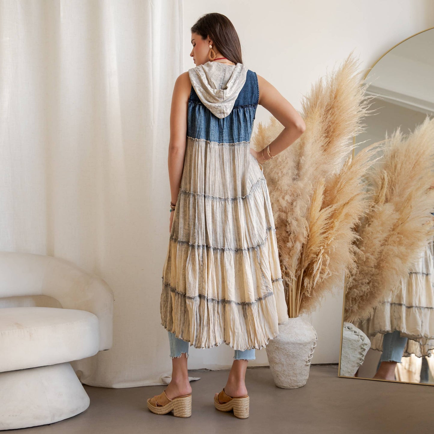 Boho Tiered Sleeveless Maxi Button-Front Duster With Hood 
