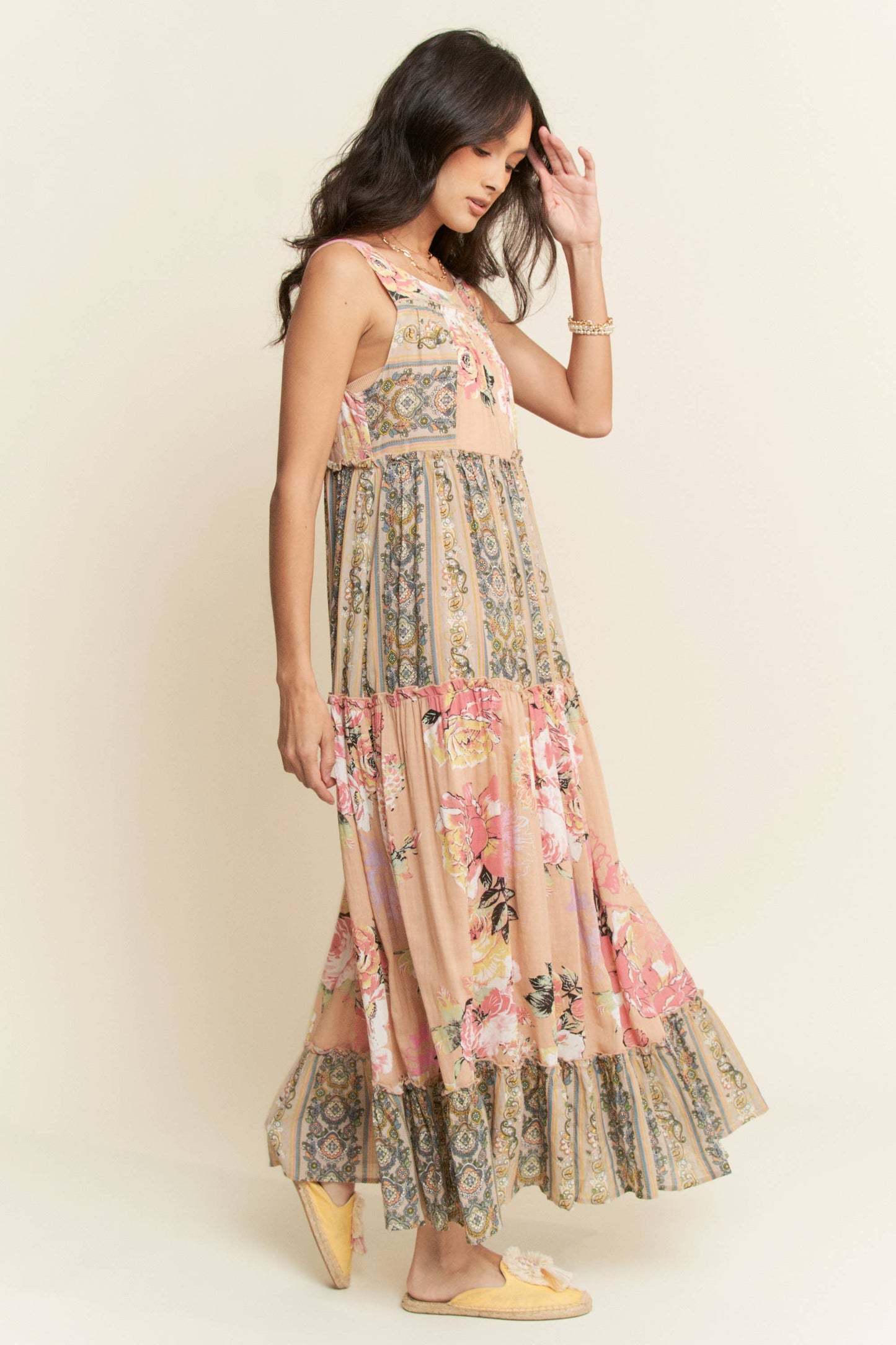 FLORAL BOHO STRIPE MIXED FULL SKIRT MIXI DRESS