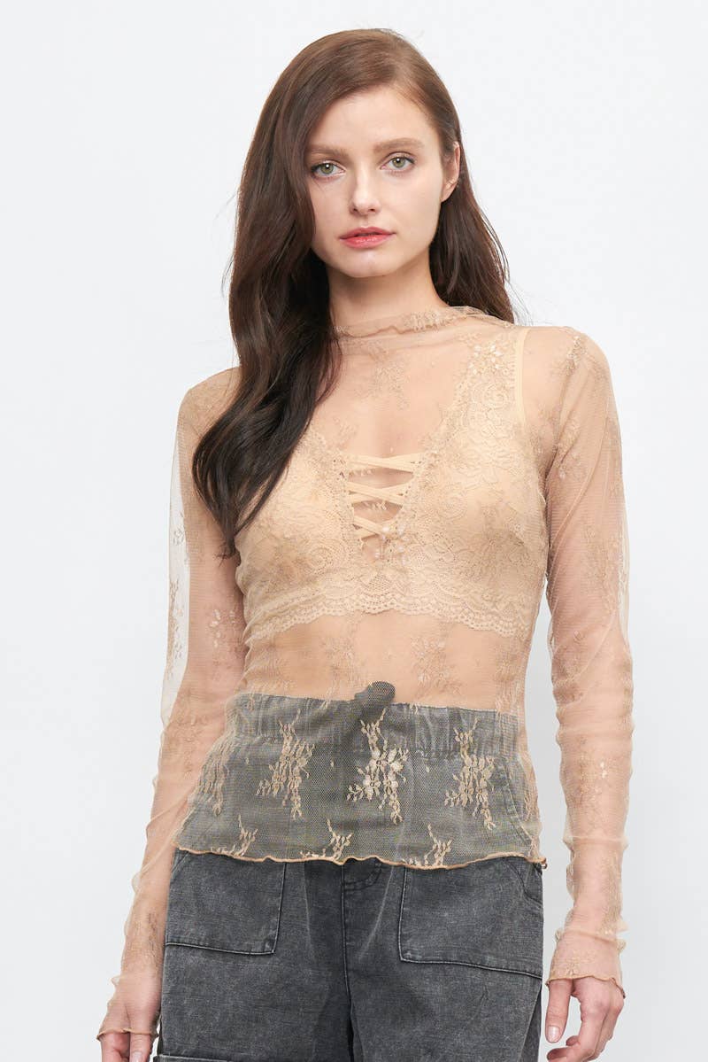 LONG SLEEVE SHEER LACE MESH TOP