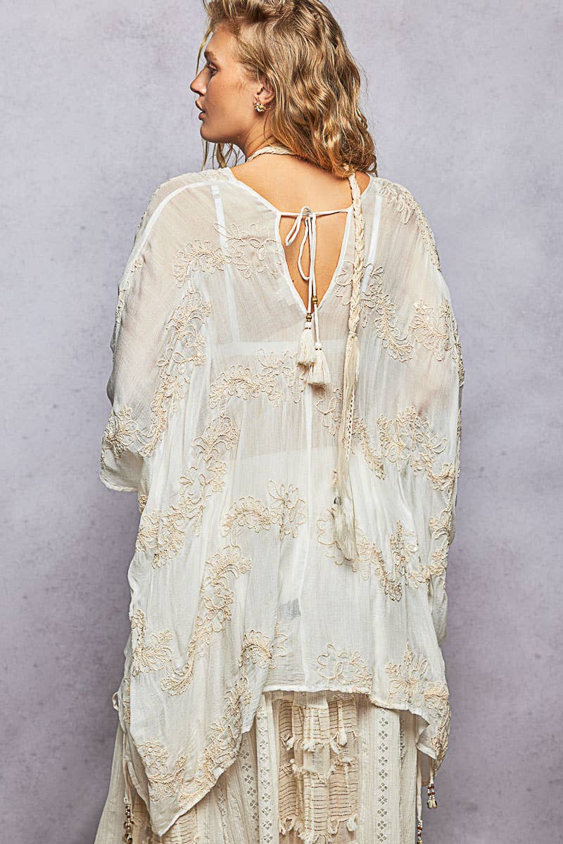 V-Neck 3/4 Sleeve Embroidered Kimono Top with Back Tassel