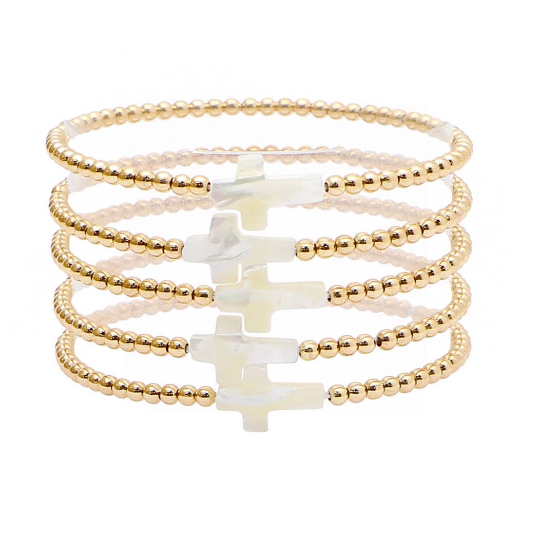 Mother of pearl cross multi layered beded stretch bracelet
