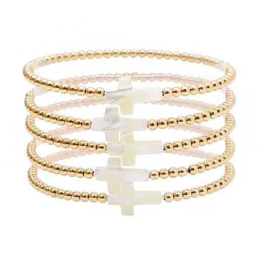 Mother of pearl cross multi layered beded stretch bracelet