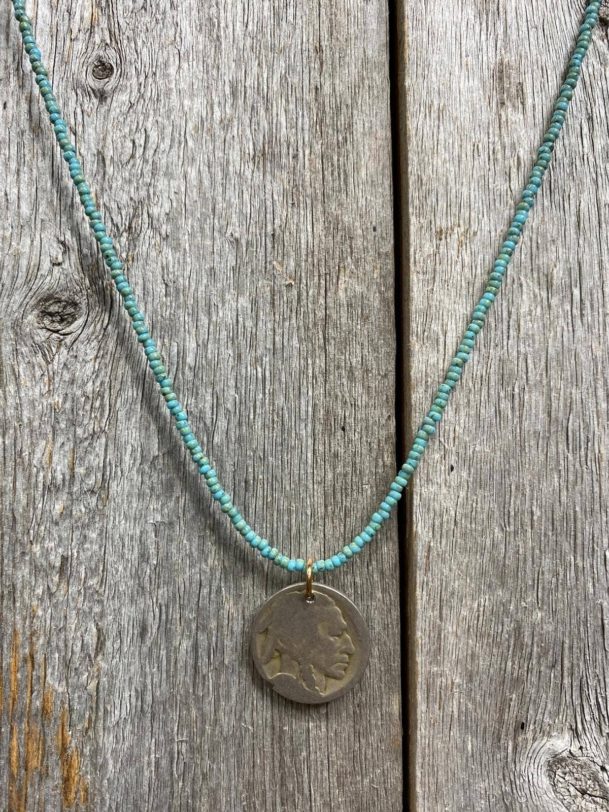 Turquoise Seed Beads with Buffalo Nickel Drop