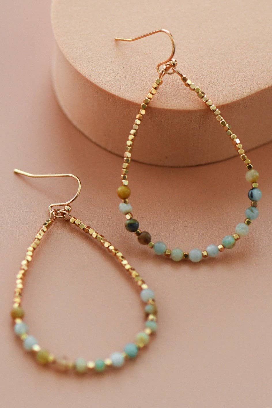 Amazonite Stone Beaded Teardrop Wire Earrings - 7279