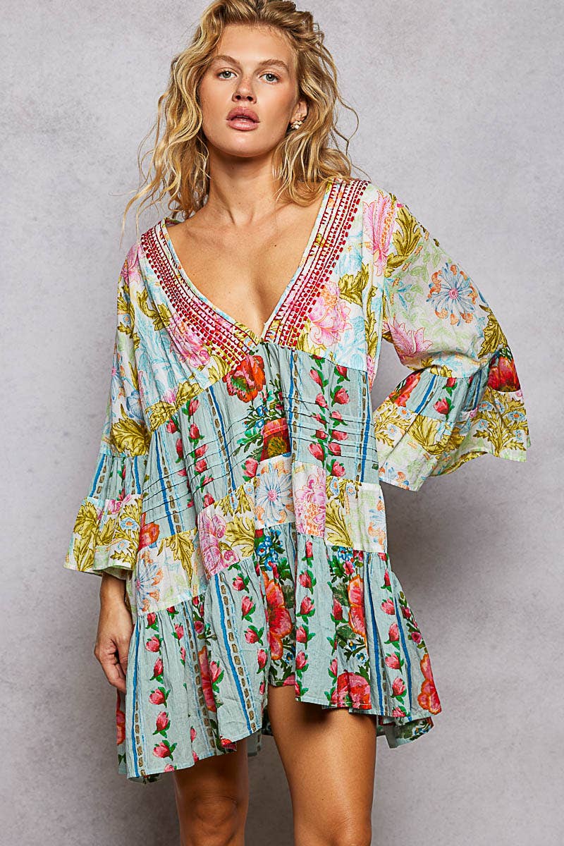 3/4 Sleeveless V-neck Seashell Shape Printed Woven Dress