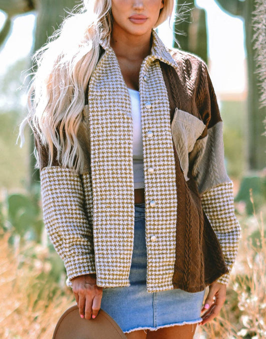 Khaki Houndstooth Color Contrast Textured Patchwork Loose Shacket