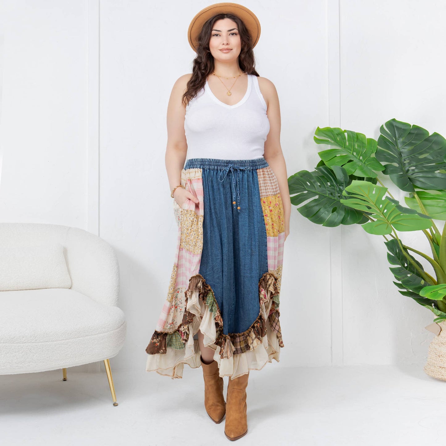 Western Boho Chic: Patchwork Midi Skirt