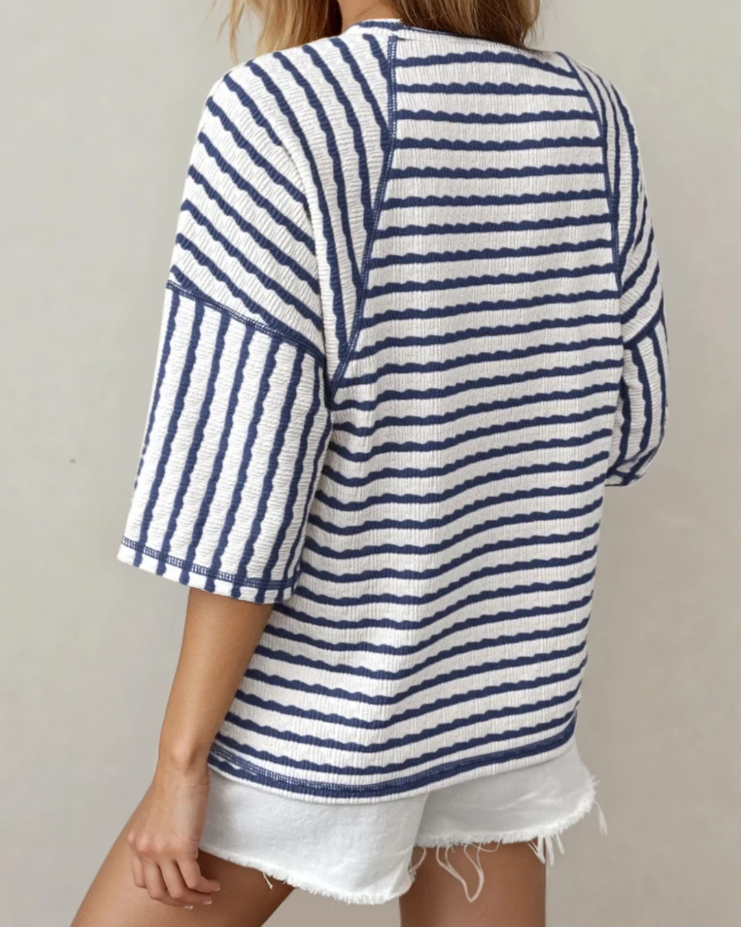 Noelle Textured Knit Top | Blue Stripe Tee | Split Hem