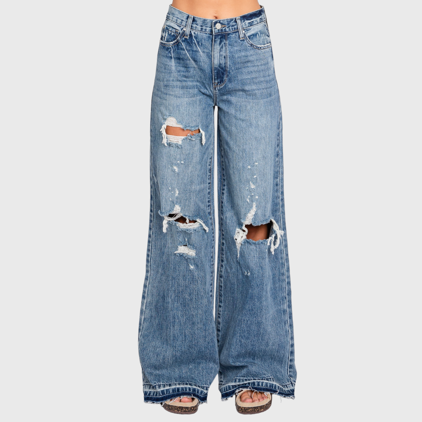 DISTRESSED HIGH RISE RIGID VINTAGE WIDE LEG JEANS