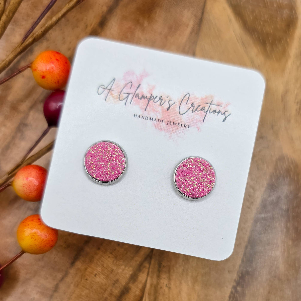 Pink Glitter Leather Stainless Steel Stud Earrings - 10 mm