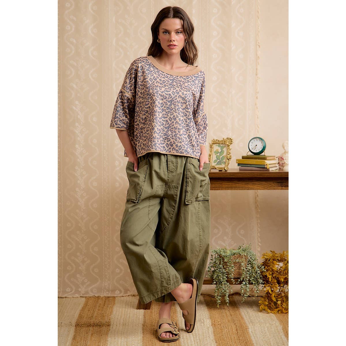 WASHED COTTON OVERSIZED POCKETS WIDE CARGO PANTS