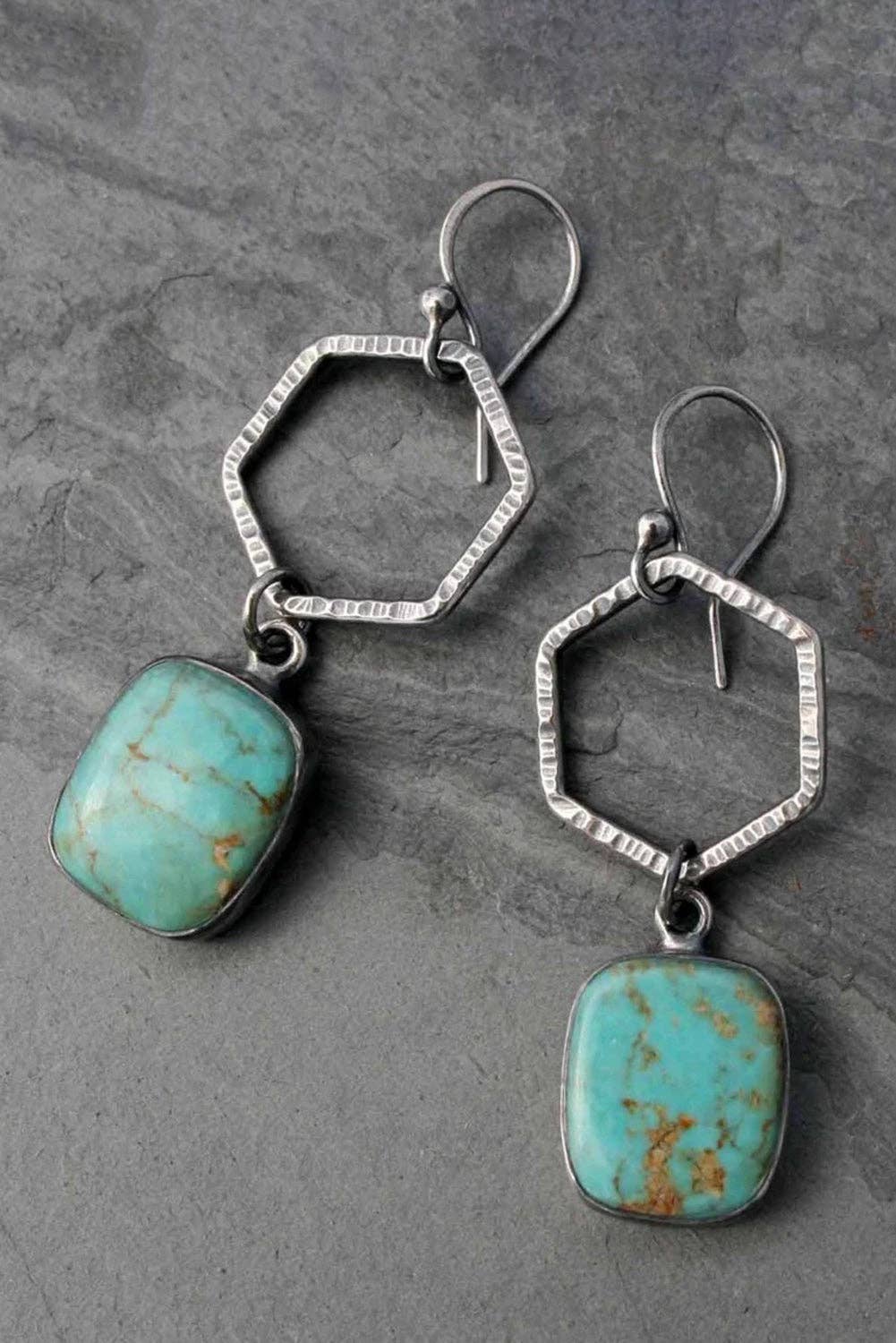 Vintage Turquoise Geometric Drop Earrings: ONE SIZE / 100%Alloy / Green