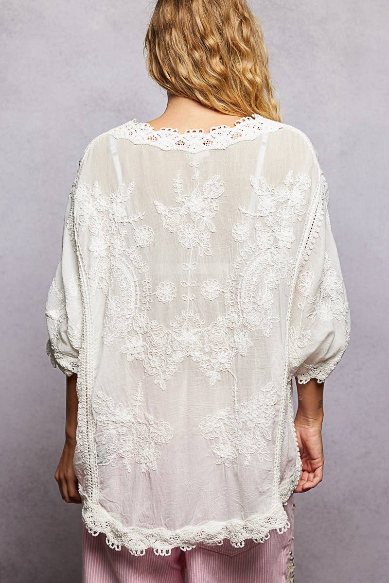 V-neck Short Sleeve Floral Embroidered Crochet Blouse Top