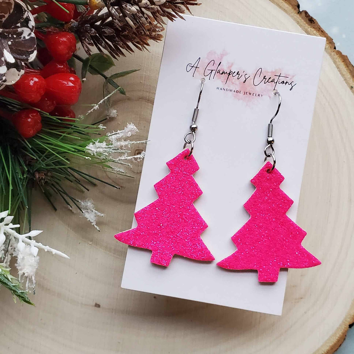 Hot Pink Christmas Tree Leather Earrings