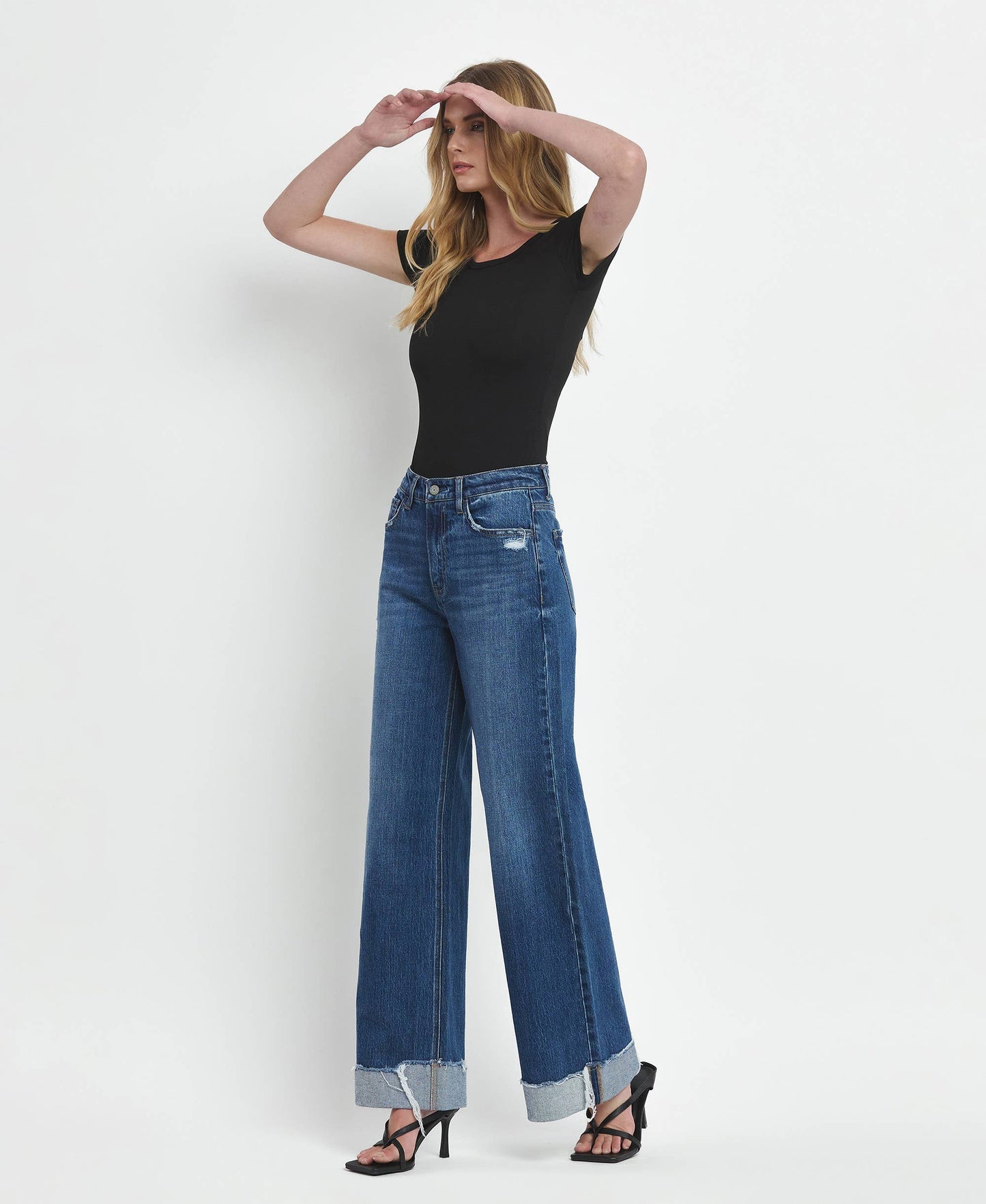 SUPER HIGH RISE CUFFED BAGGY WIDE JEANS T6614