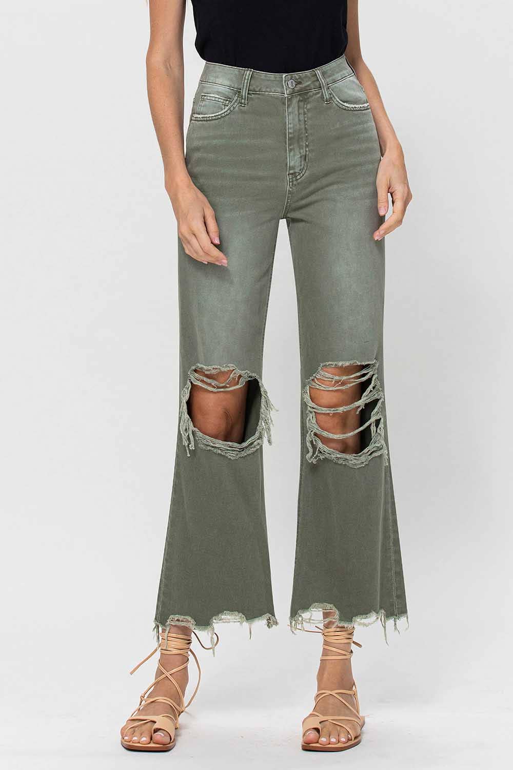 90S VINTAGE HIGH RISE CROP FLARE JEAN V2738: ARMY GREEN