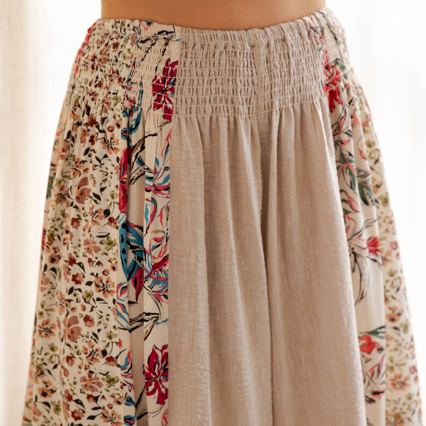 Artisan Boho Floral Panel Smocked Waist Wide-Leg Pants NEW