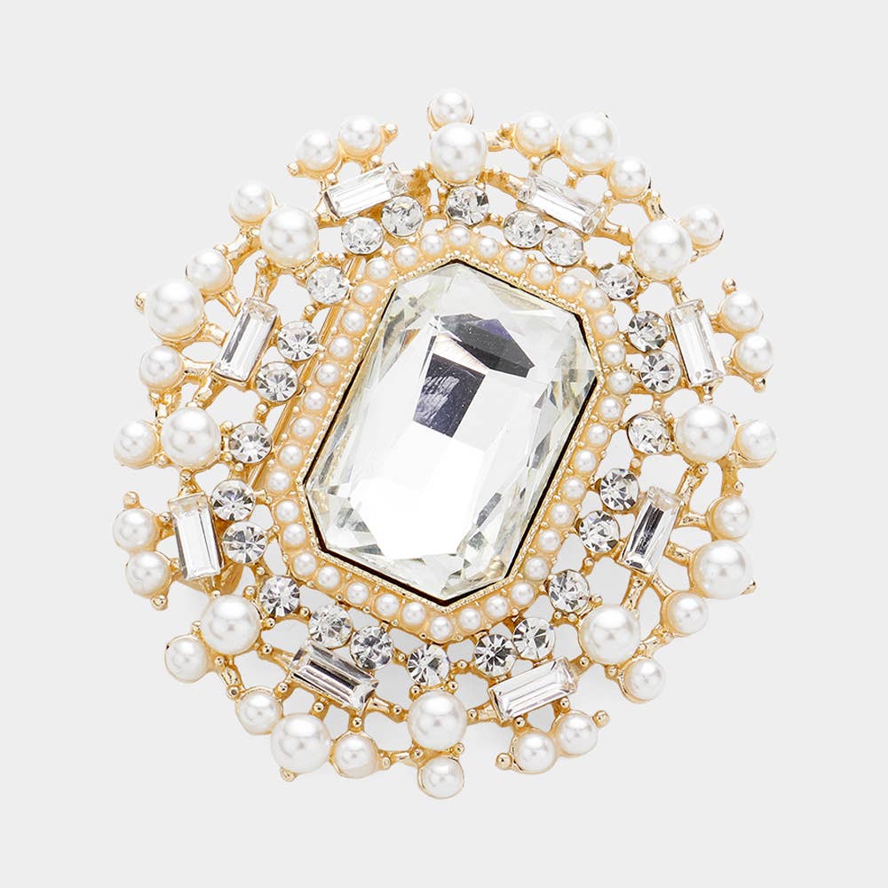 Rectangle Glass Stone Pointed Pearl Embellished Pin Brooch