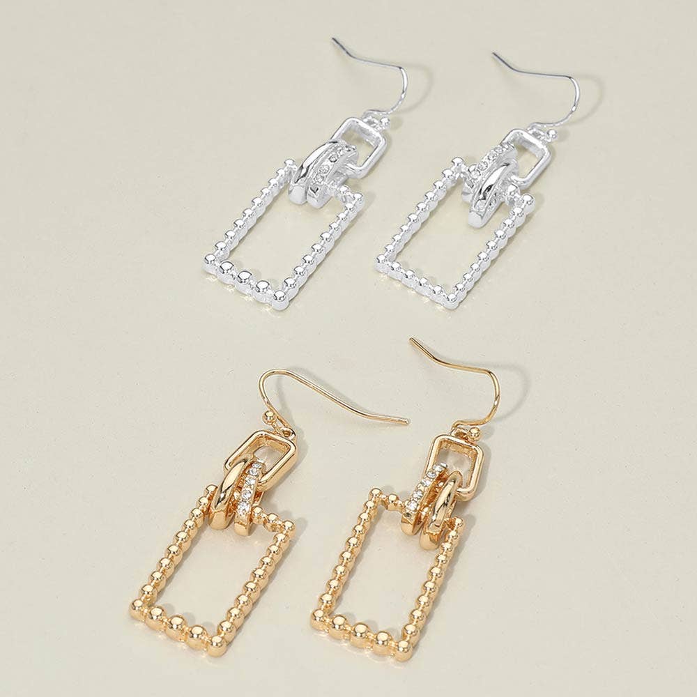 Stone Pave Linked Metal Beaded Rectangle Drop Earrings