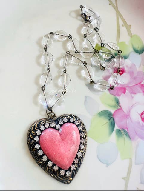 Pink Distressed Heart Filigree Pearl Beaded Chain  Necklace