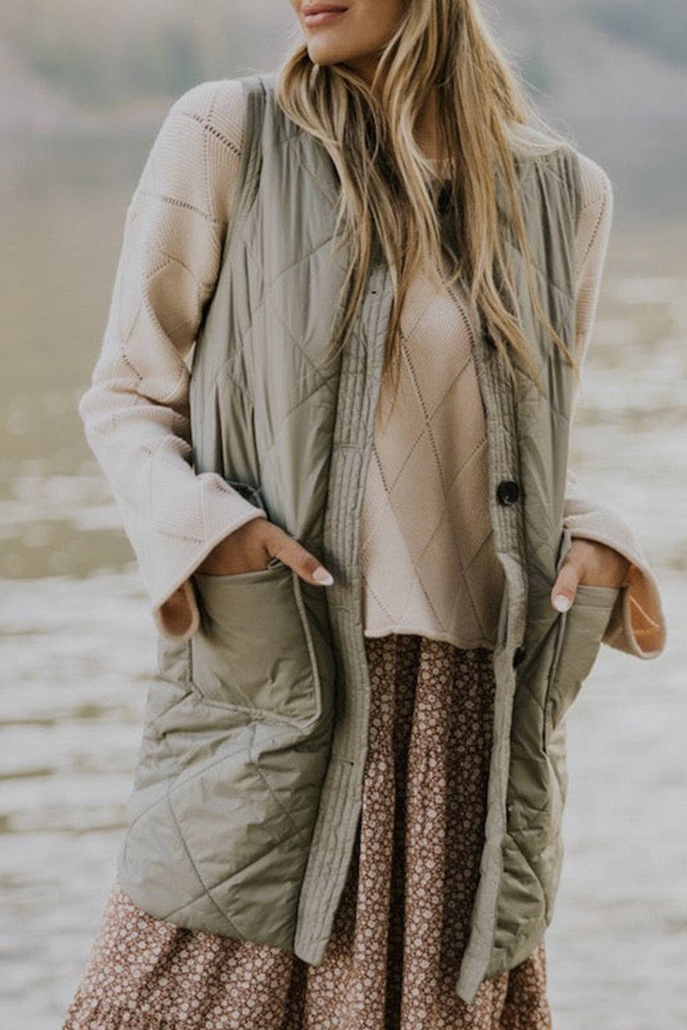 Quilted Long Vest Jacket with Pockets