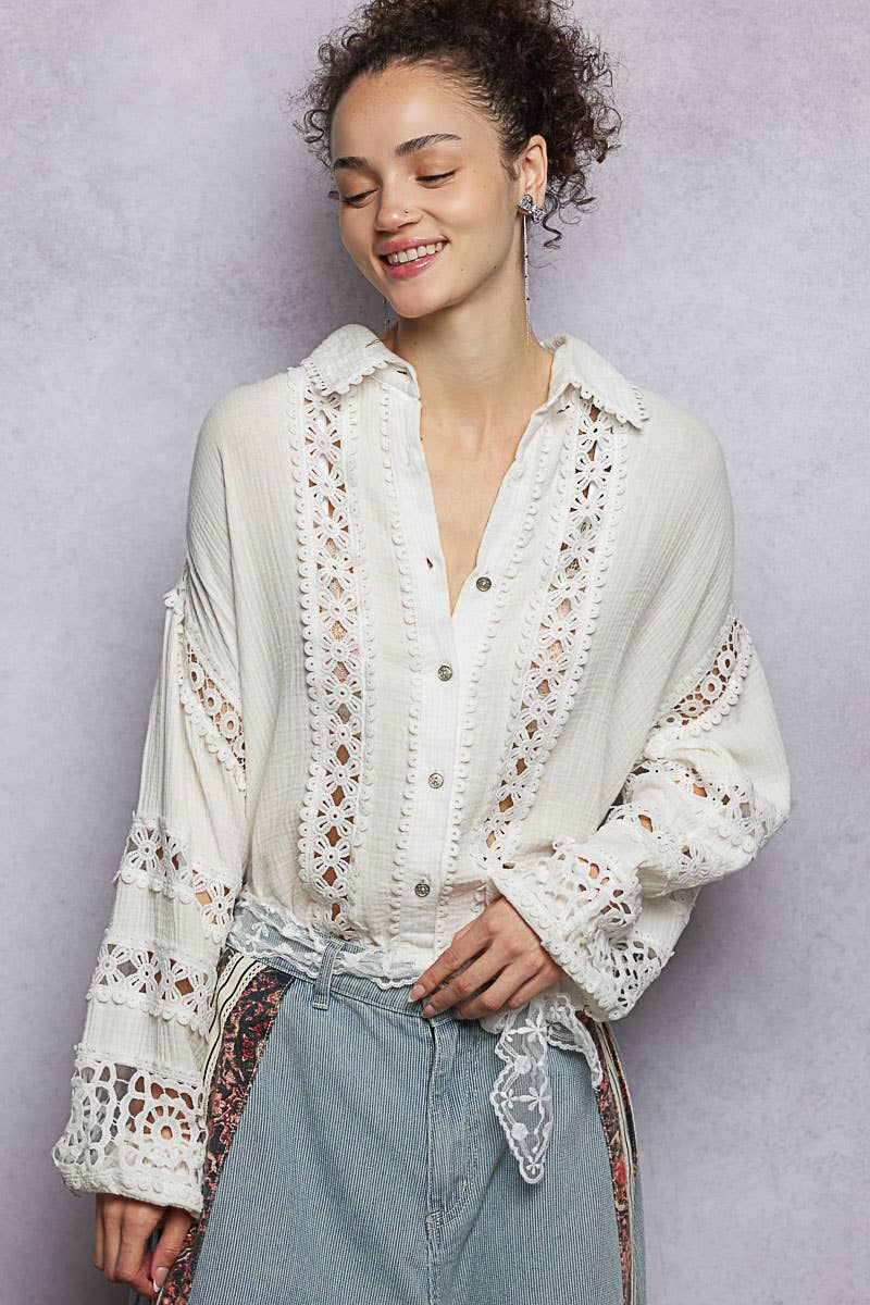 Collar neck balloon sleeve double gauze shirt top