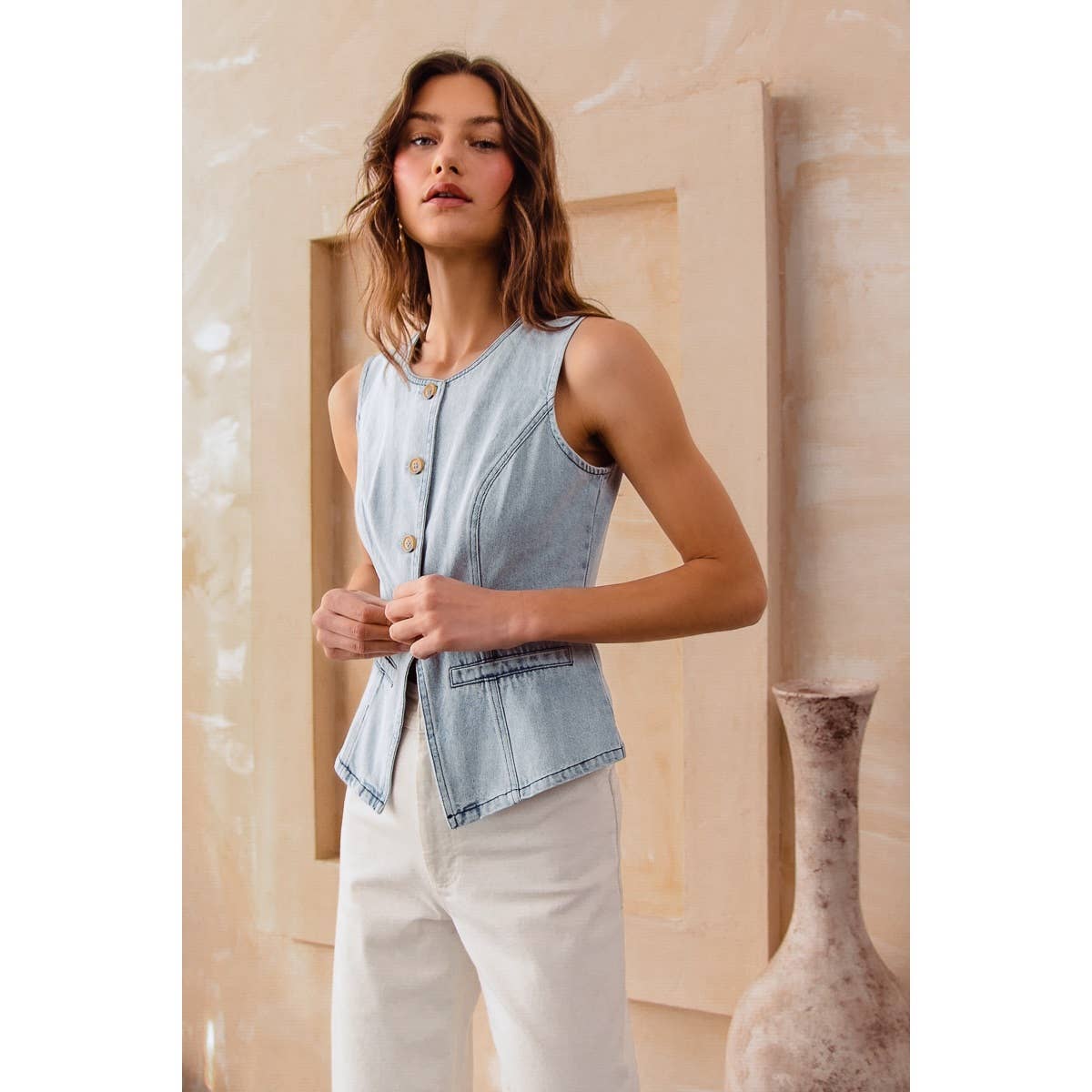 SLIM FIT BUTTON FRONT DENIM VEST TOP