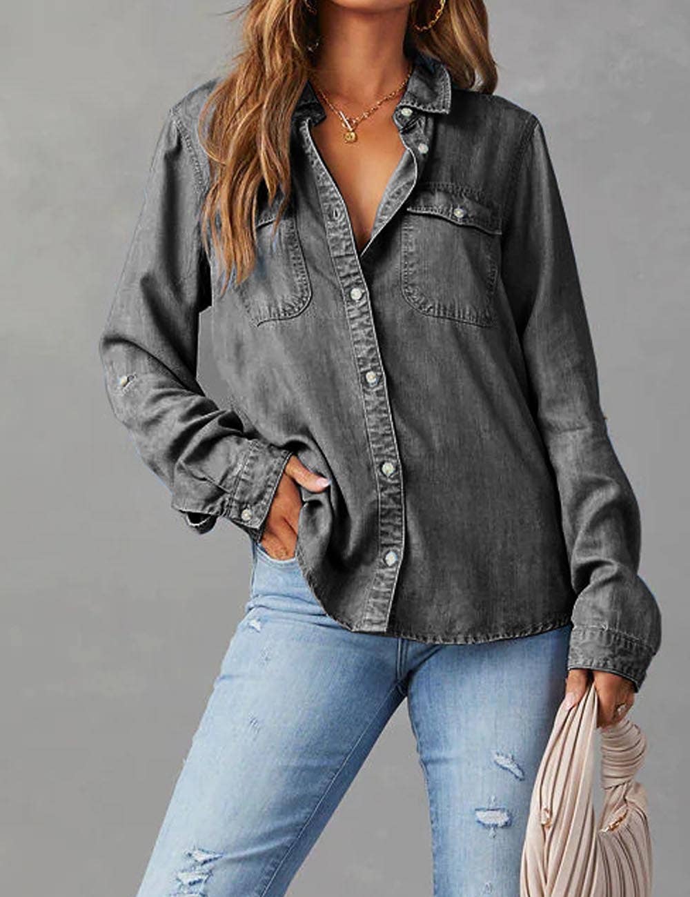 Casual Lapel Collar Button Down Denim Shirt DP25E568