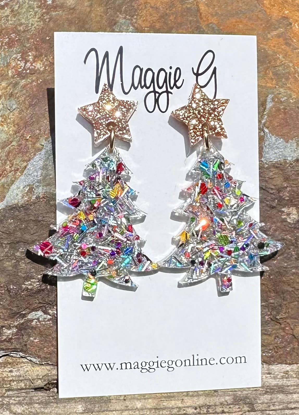 Christmas Tree Silver Tinsel Resin Earrings 