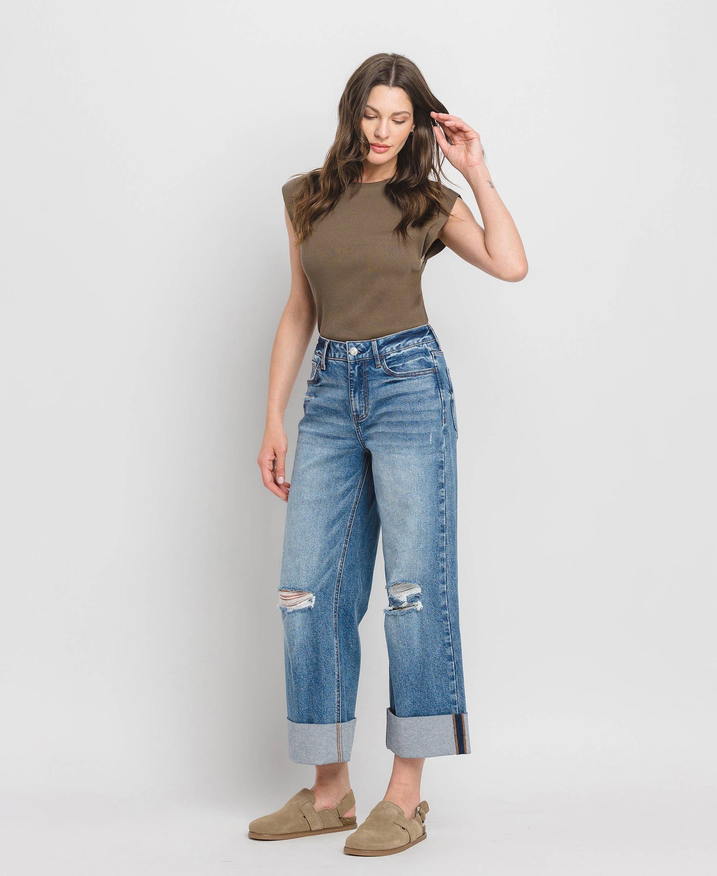 SUPER HIGH RISE DOUBLE CUFFED BAGGY WIDE JEANS LV1459