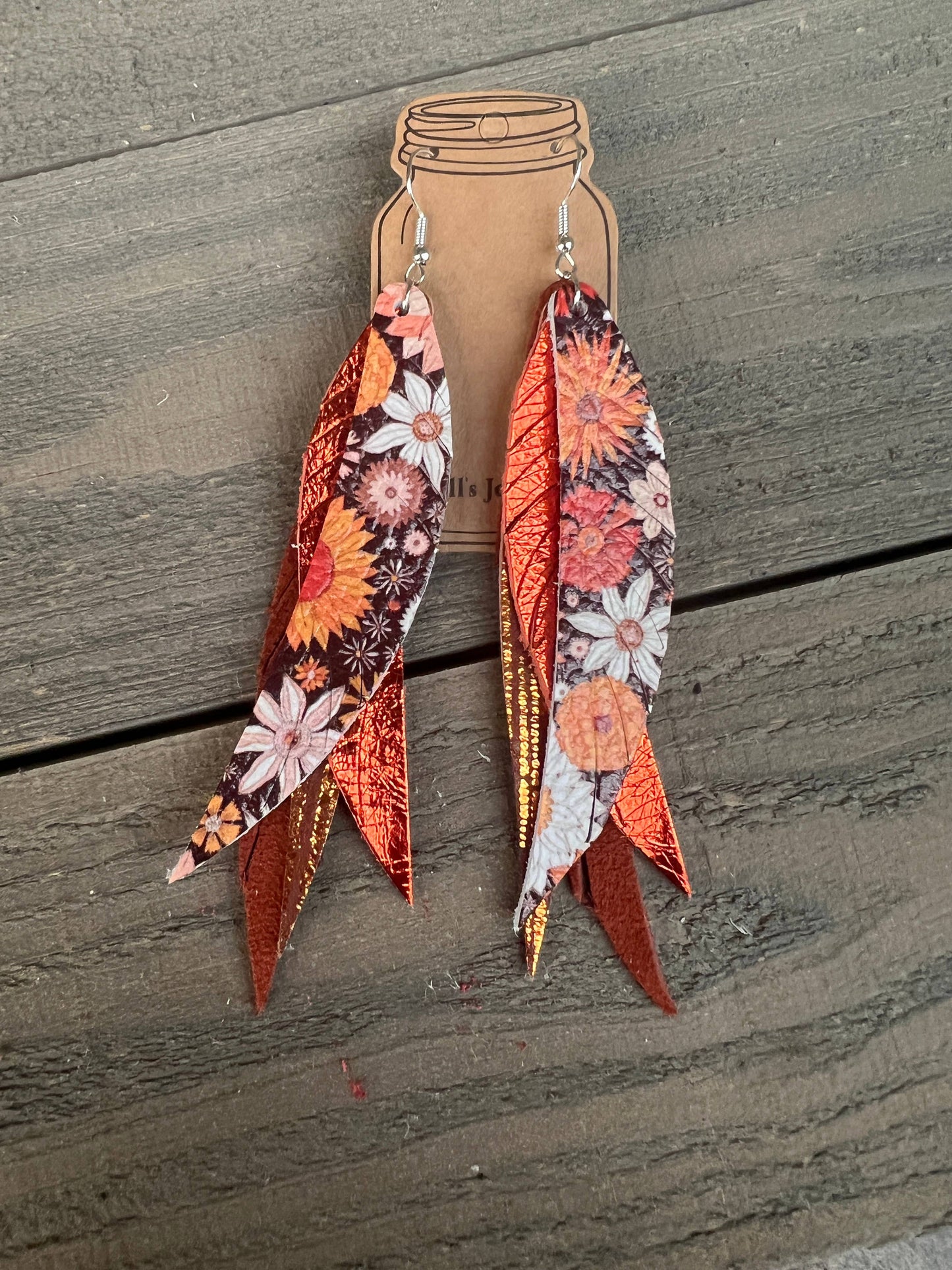 ORANGE BOHO FLORAL FRINGE FEATHER LEATHER EARRINGS