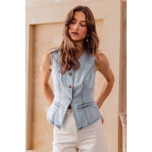 SLIM FIT BUTTON FRONT DENIM VEST TOP