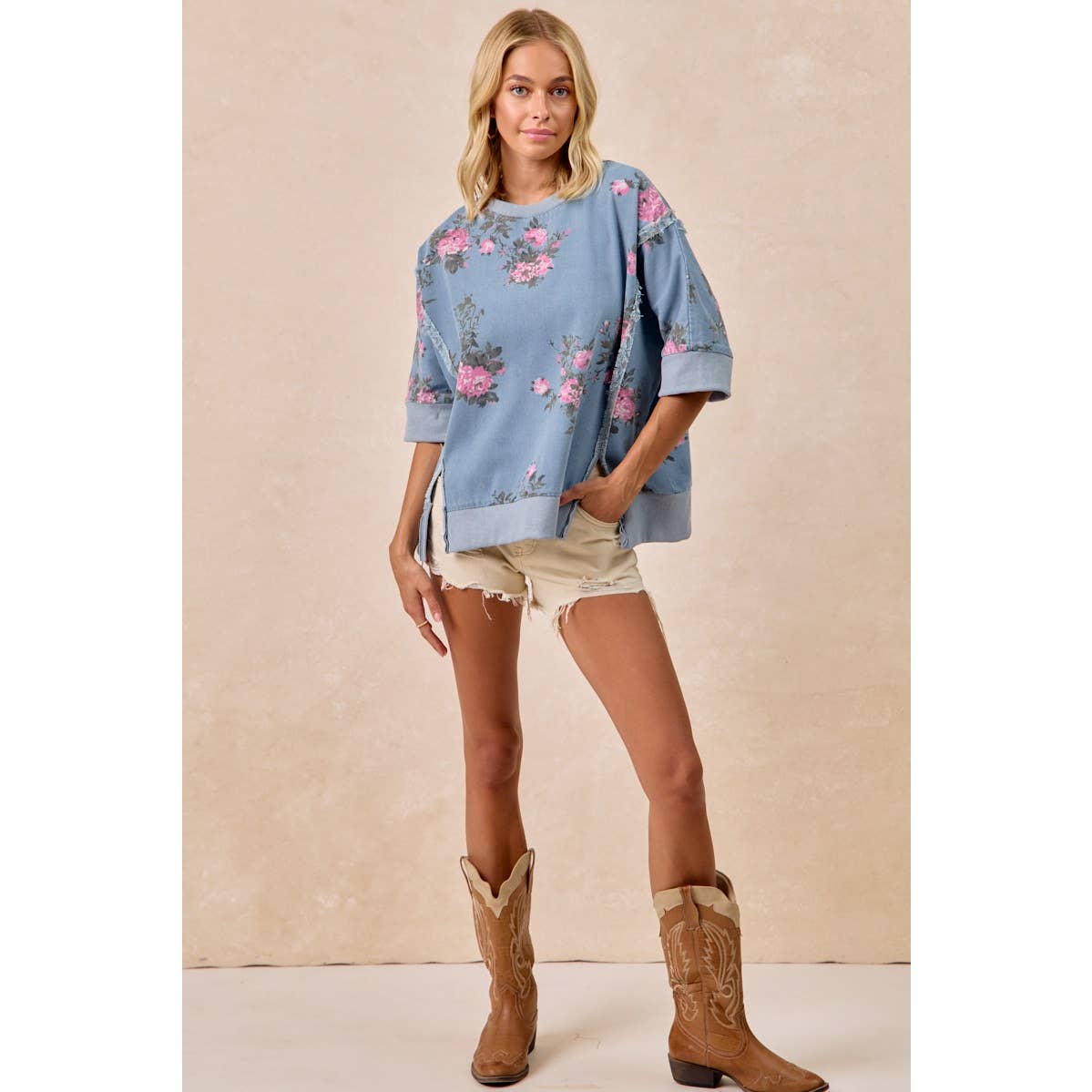 FLOWER PRINTED DENIM OPENSEAM DETAIL TOP