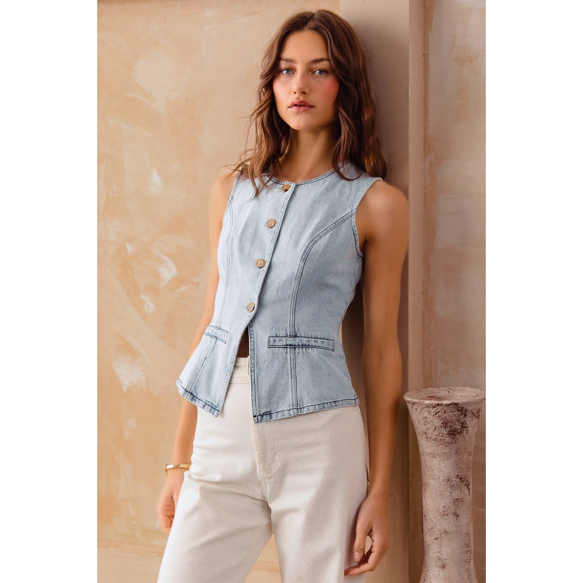 SLIM FIT BUTTON FRONT DENIM VEST TOP