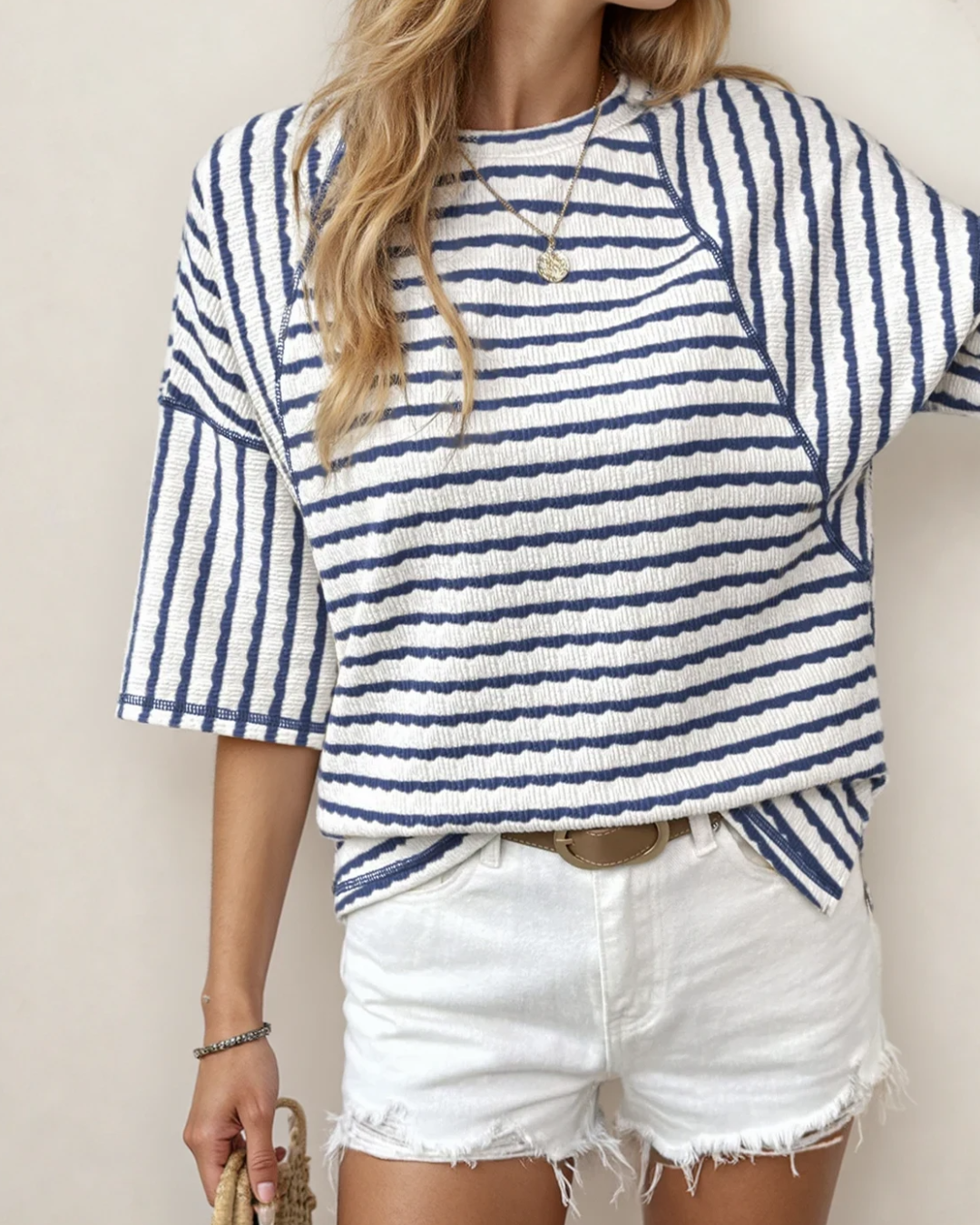Noelle Textured Knit Top | Blue Stripe Tee | Split Hem