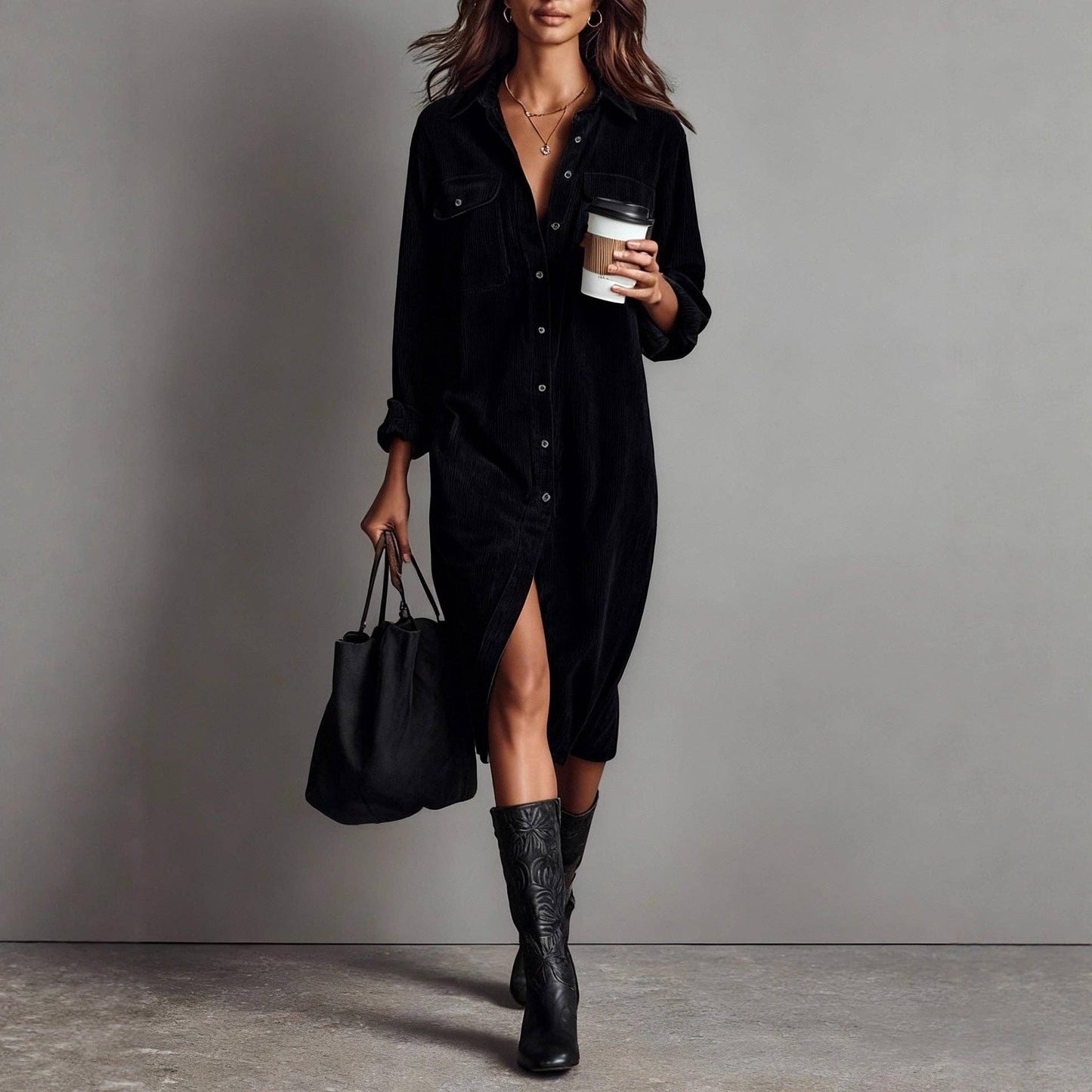 Women Corduroy Long Sleeve Shirt Dress