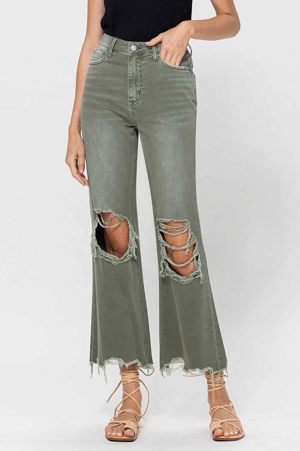 90S VINTAGE HIGH RISE CROP FLARE JEAN V2738: ARMY GREEN