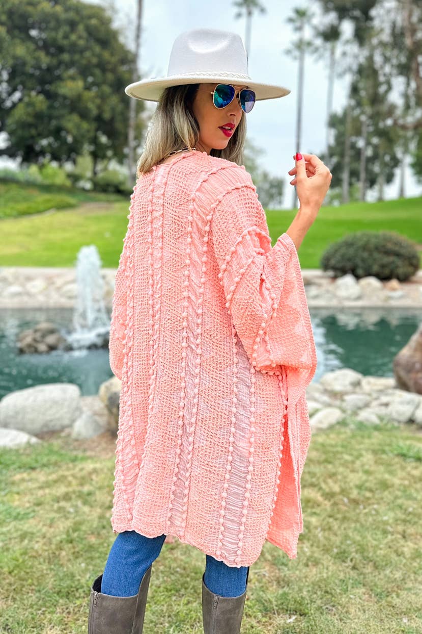 Lt. Coral Rose 3D Textured Open Front Soft Kimono Cardigan