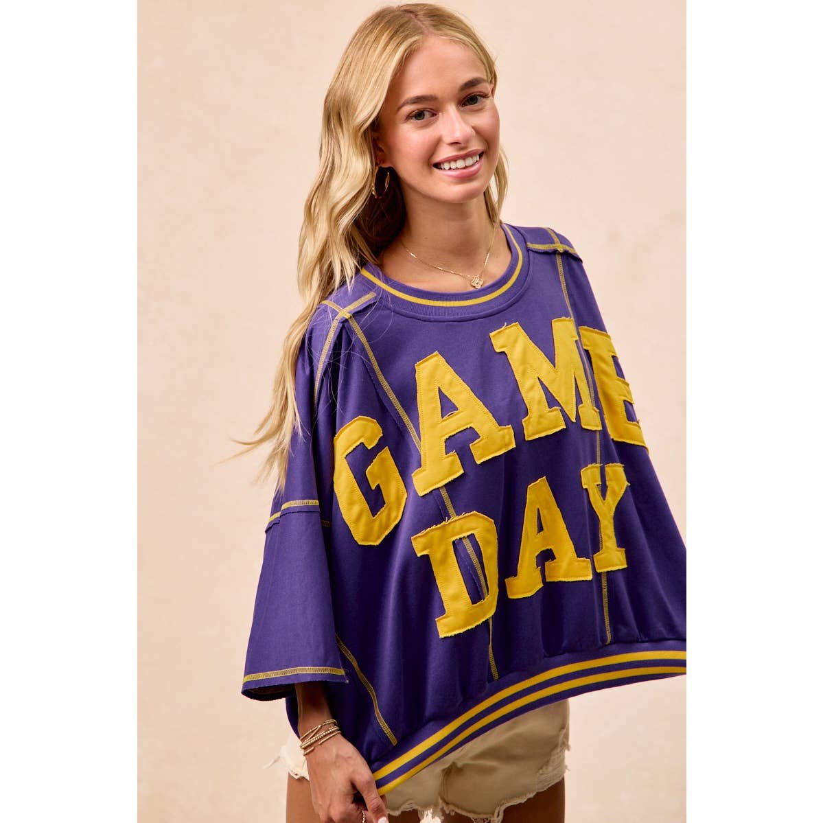 GAMEDAY PATCHWORK STITCH DETAIL FRENCH TERRY TOP