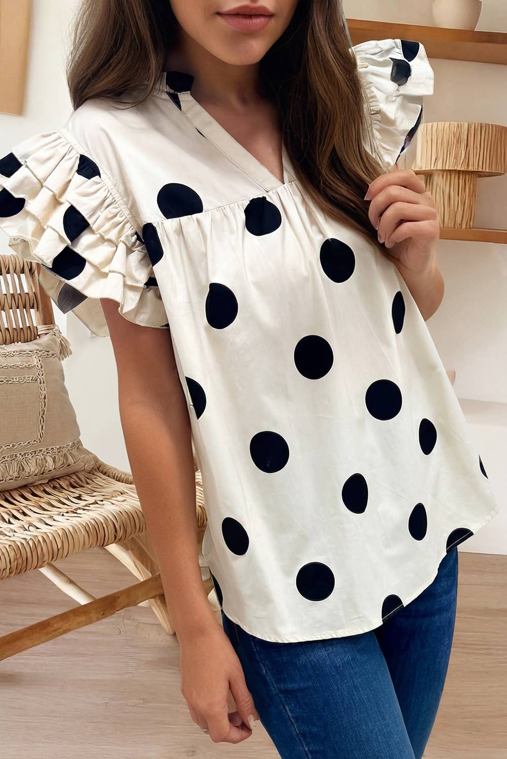 Polka Dot Print V Neck Ruffle Sleeve Blouse (S-XL)