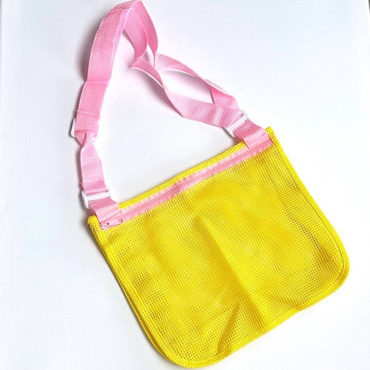 Kids Mesh Shell Collecting Beach Bag Yellow and Pink