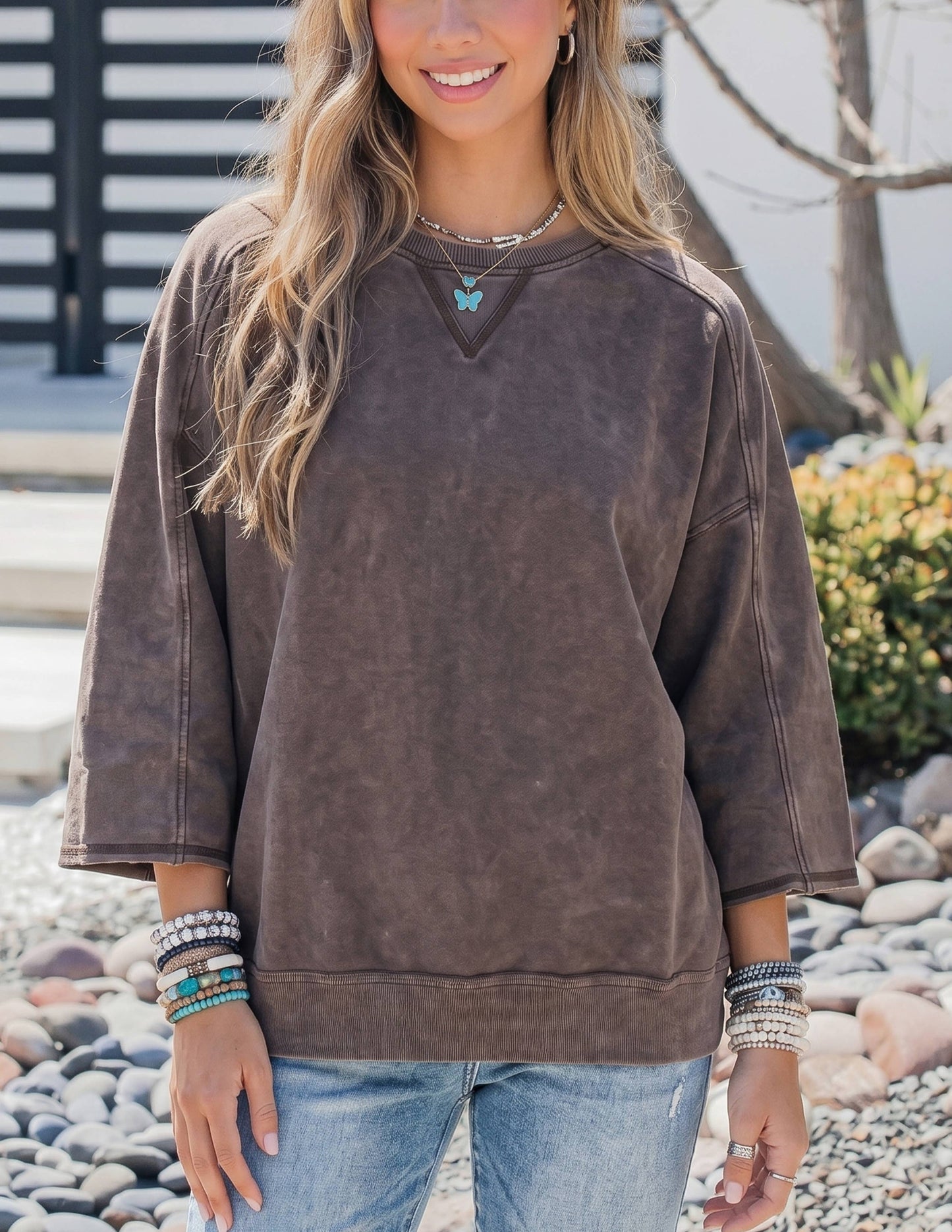 Mineral Wash 3/4 Sleeve Loose Cotton Top S-4X