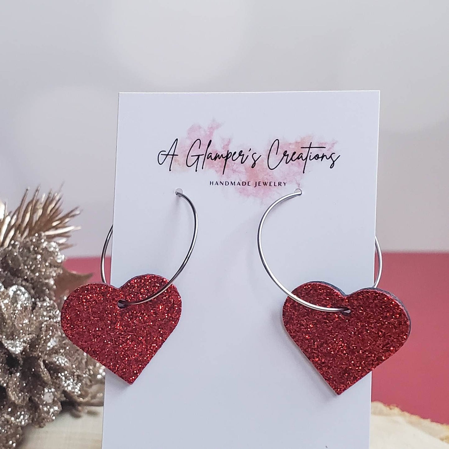 Red Heart Dangle Hoop Valentine's Day Leather Earrings