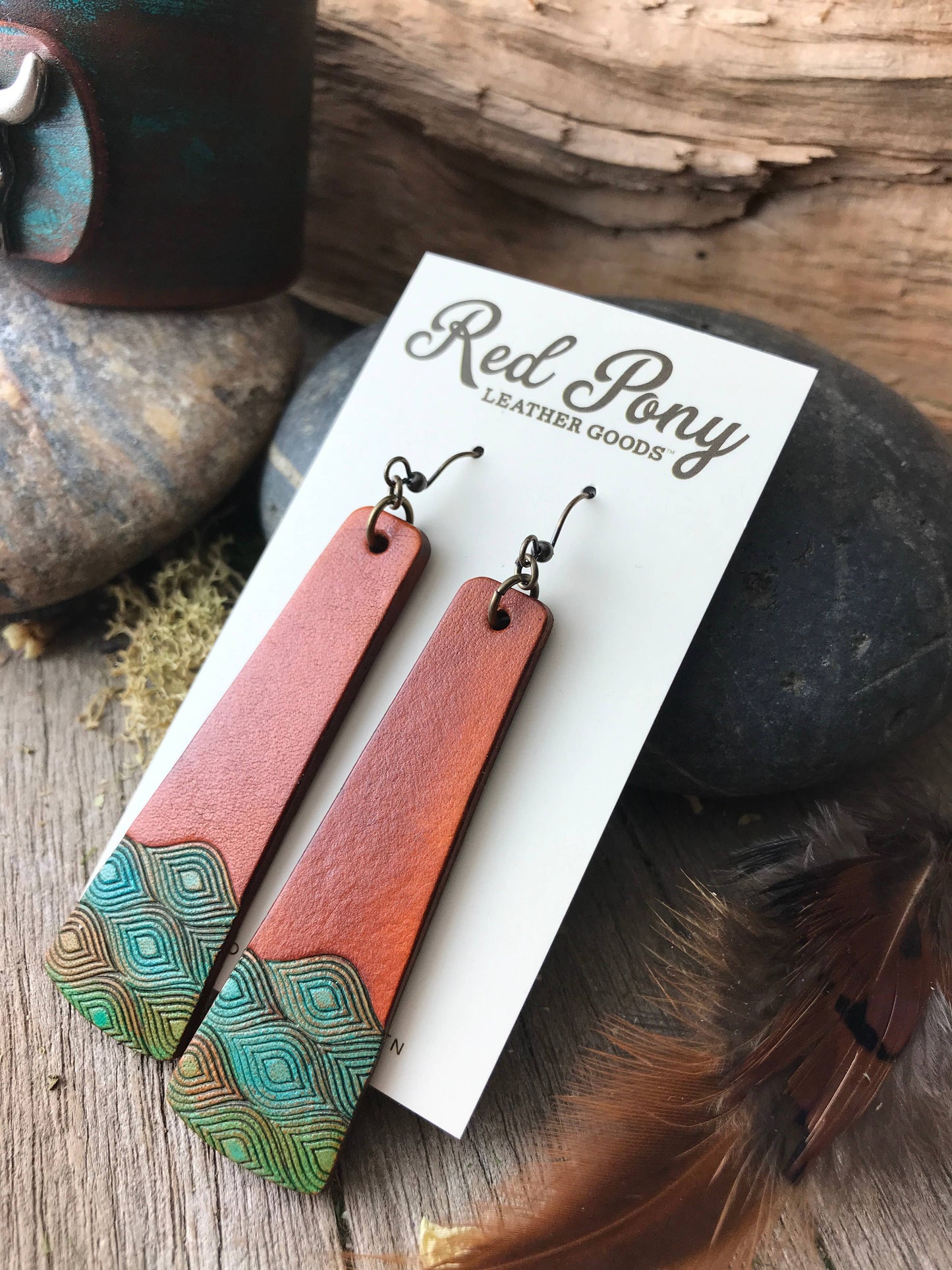 Hand Tooled and Painted Leather Bar Earrings