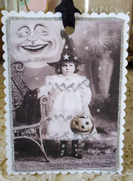 Vintage Witch n Moon Halloween Gift Tag Ornament Keepsake