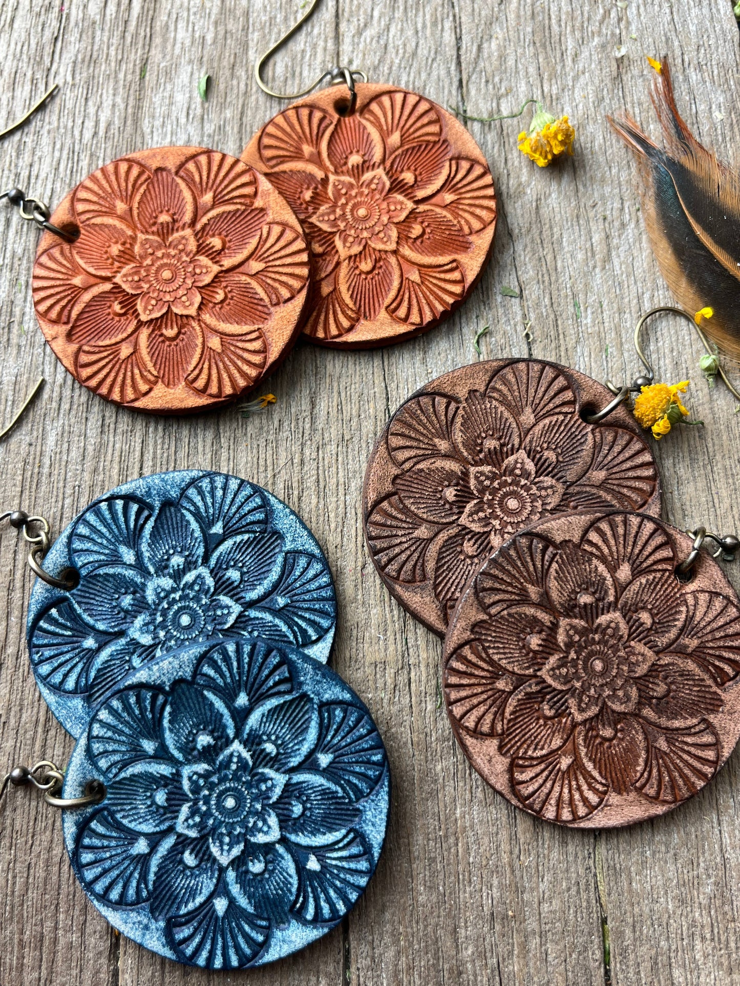 Hand Tooled Leather Mandala Earrings