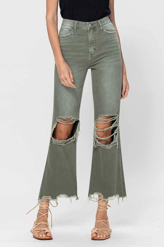 90S VINTAGE HIGH RISE CROP FLARE JEAN V2738: ARMY GREEN