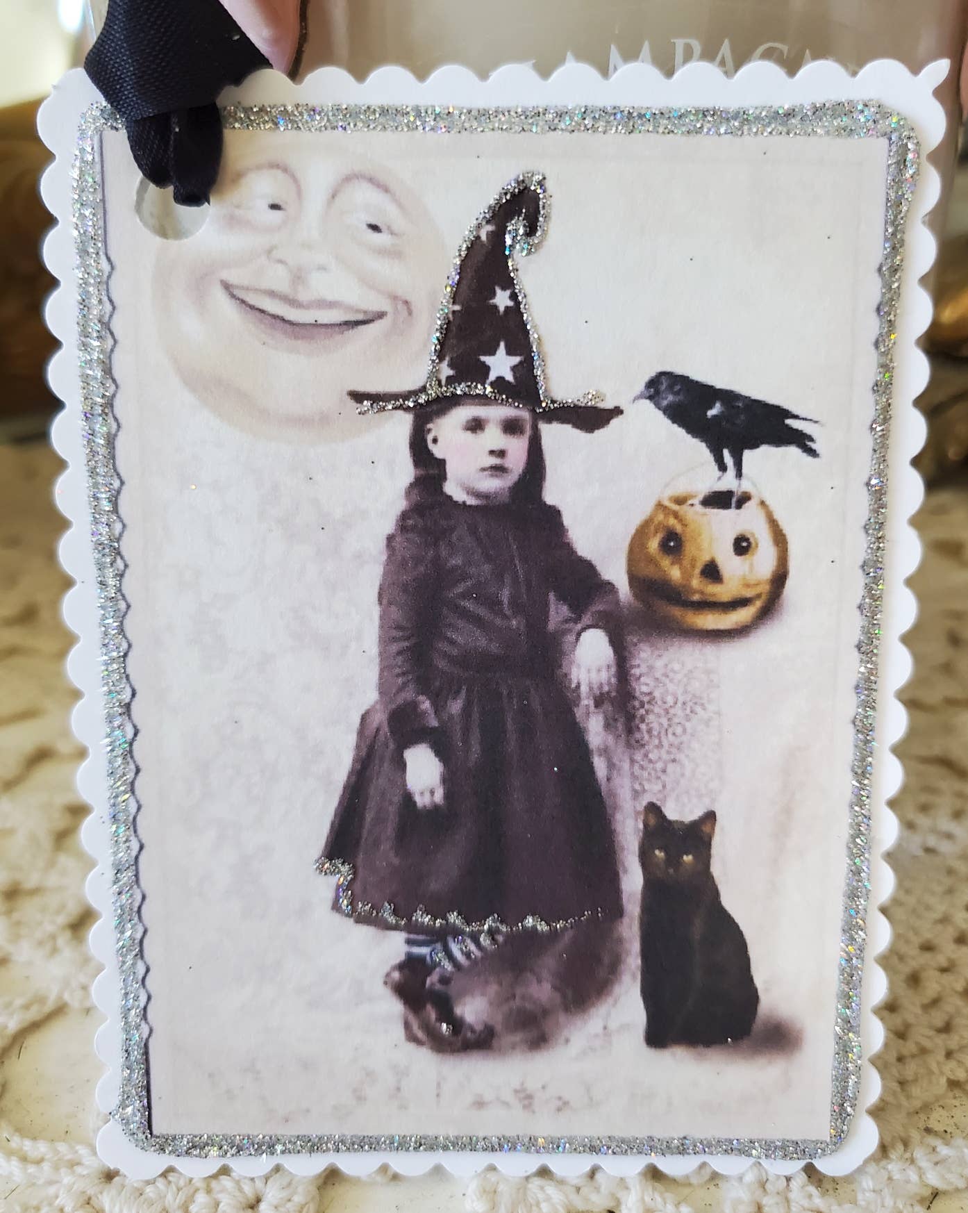 Vintage Little Witch Cat n Crow Halloween Gift Tag Ornament