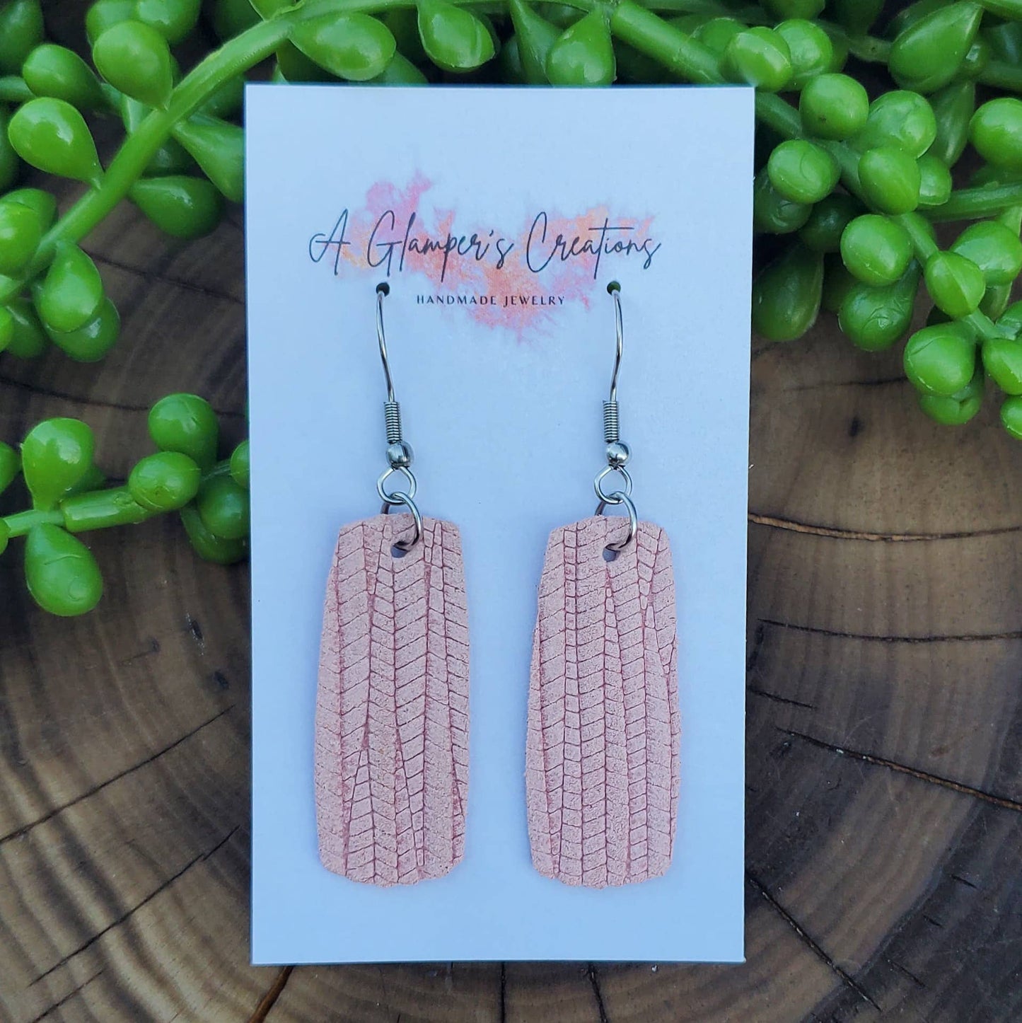 Light Pink Palm Embossed Mini Bar Leather Earrings