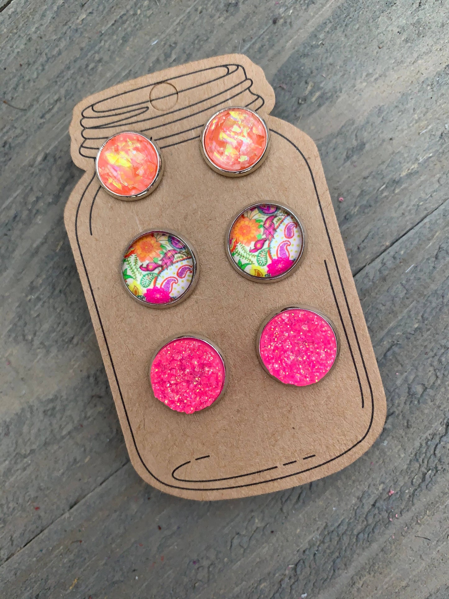 Pink and Coral Floral Triple Faux Druzy 3 Earring Set